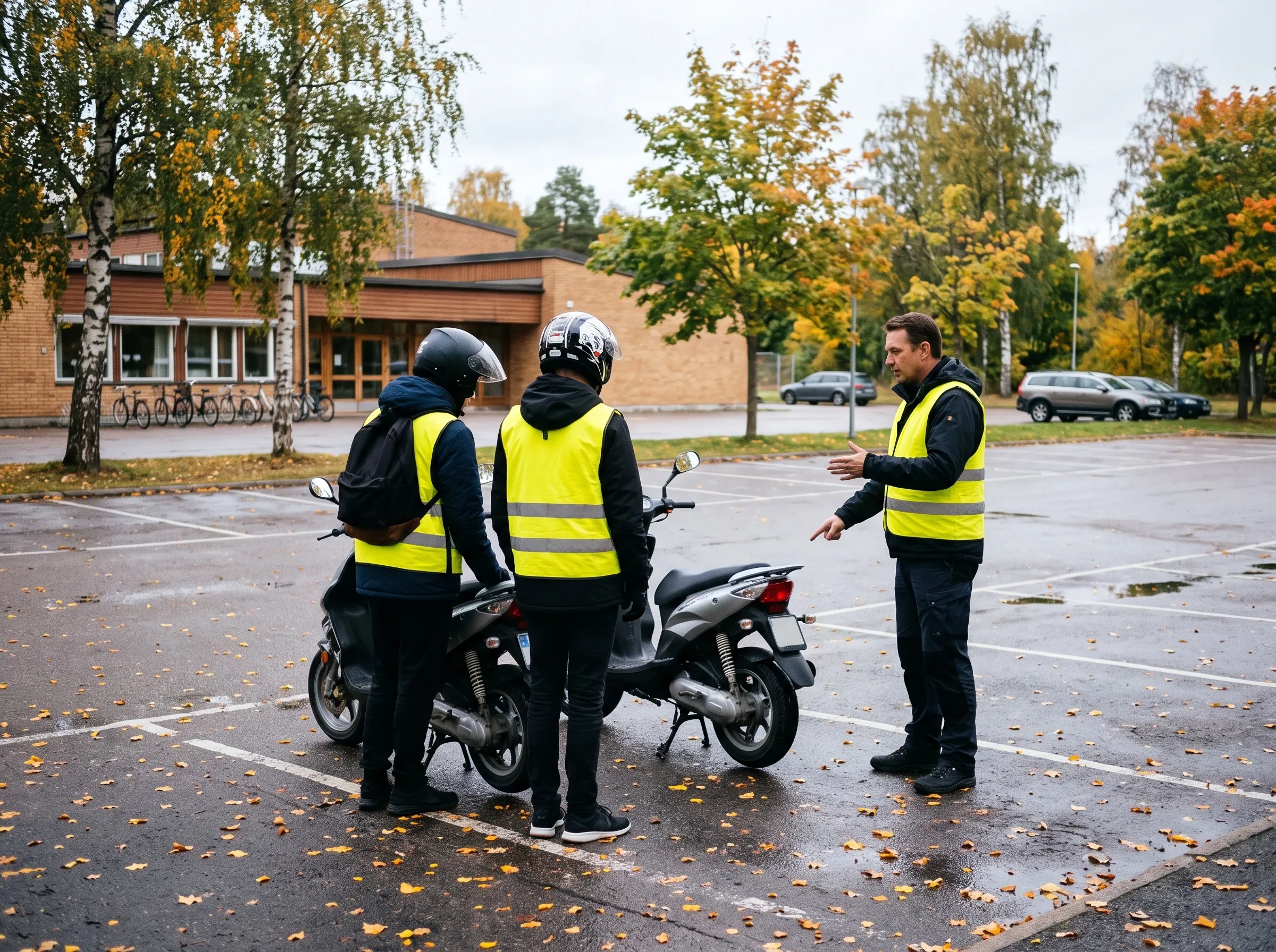 Två elever i reflexvästar står vid sina mopeder och lyssnar på läraren på en parkering