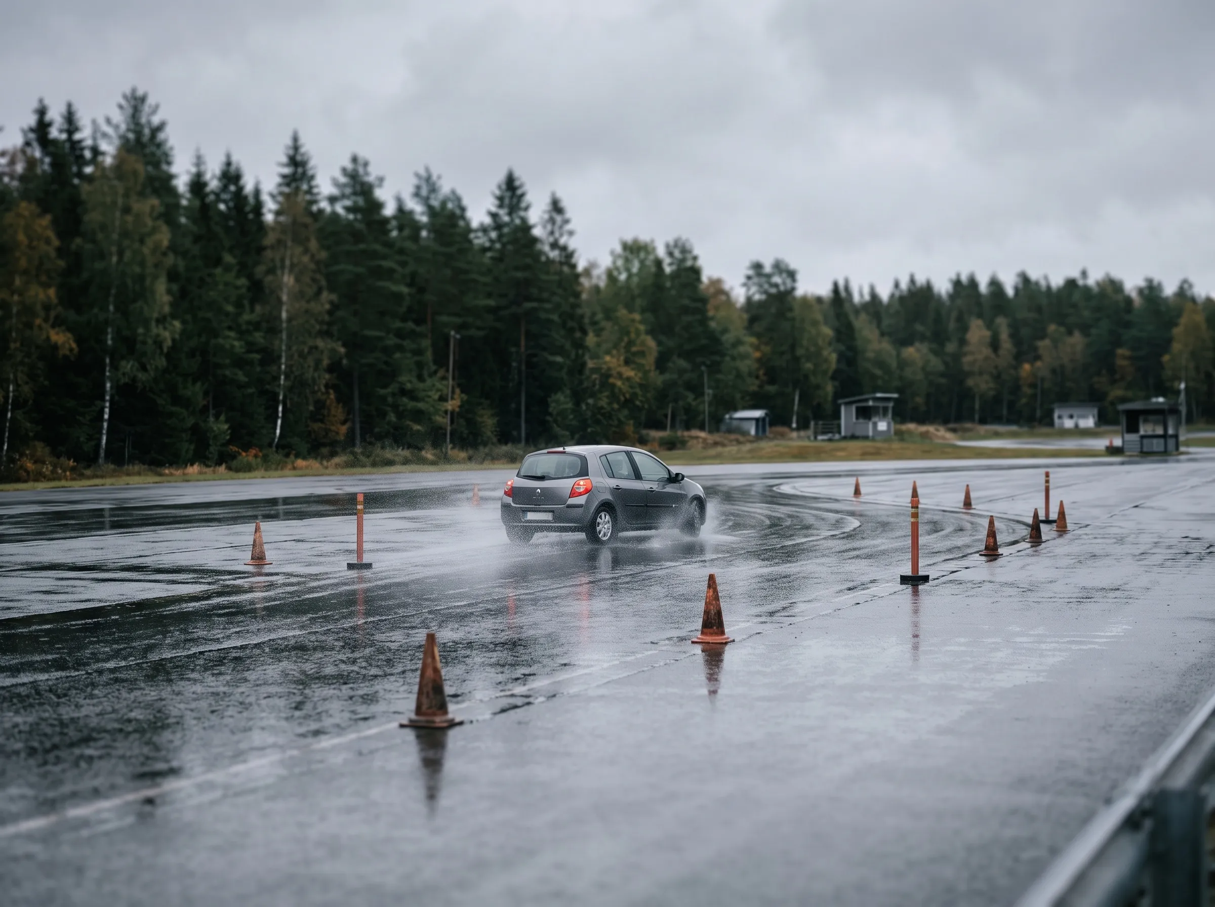 Bil som kör på en blöt halkbana mellan koner, med skog i bakgrunden