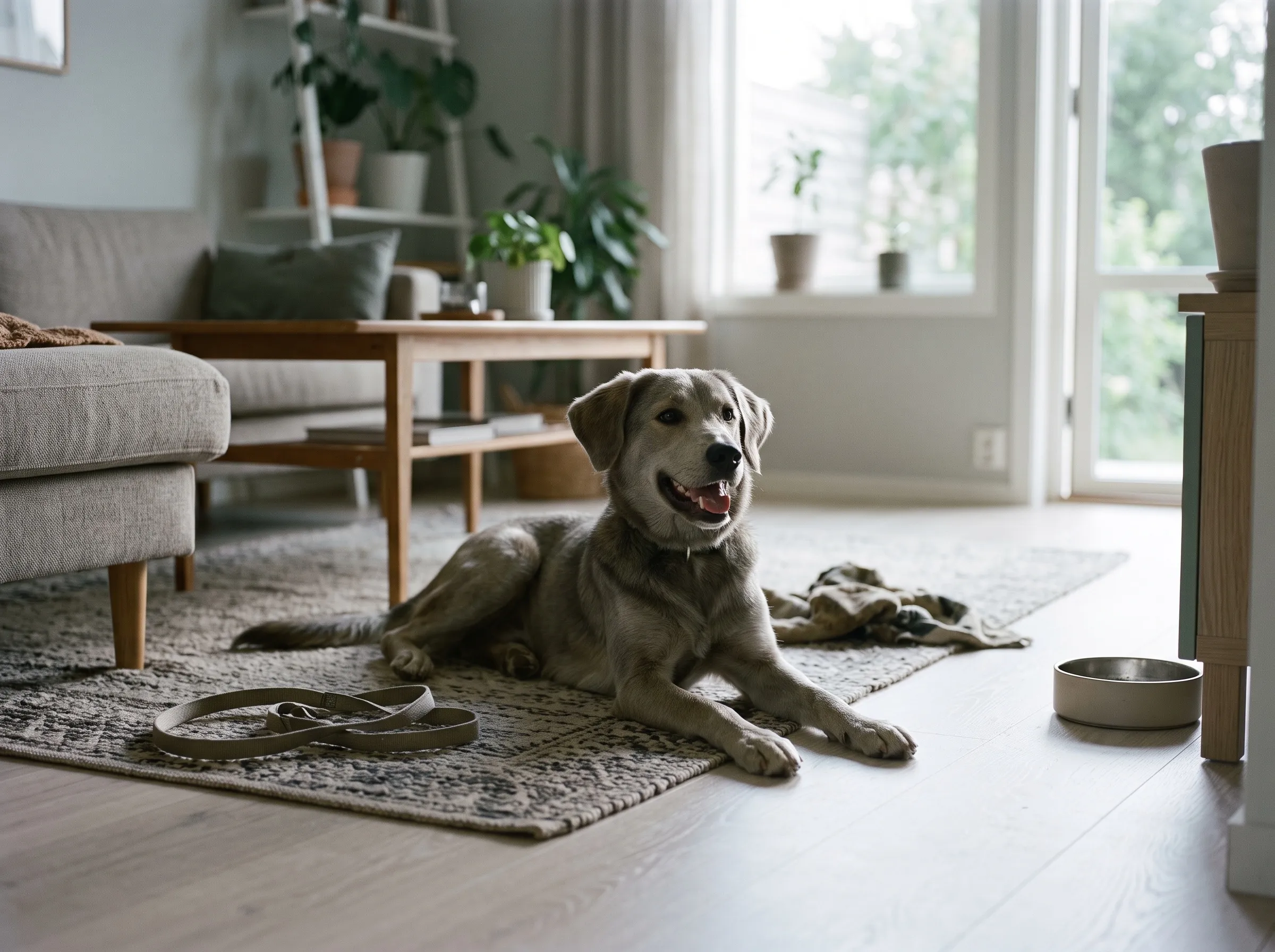 Glad ung hund ligger på en matta i ett ljust vardagsrum med koppel och matskål bredvid