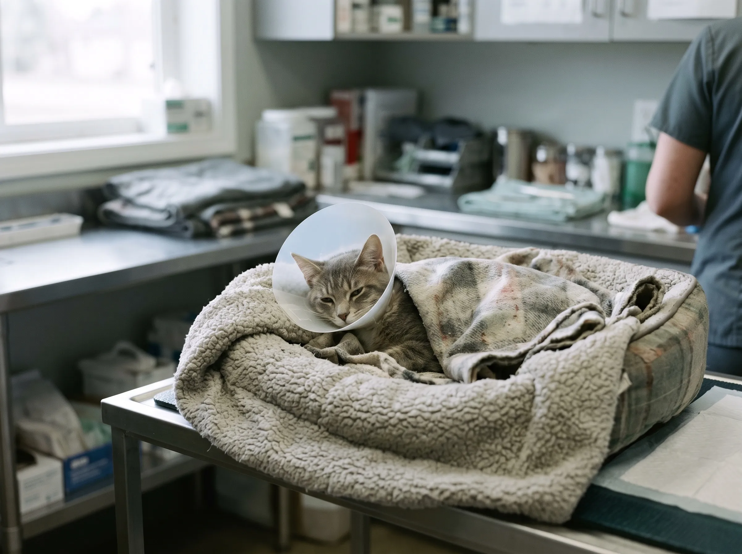 Ung katt med skyddskrage som vilar i en mjuk korg efter operationen