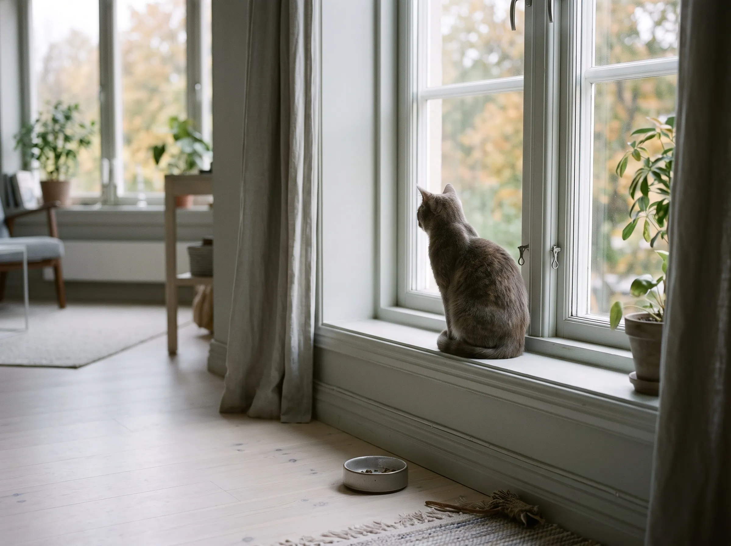 Ung katt sitter i ett fönster och tittar ut på höstträd