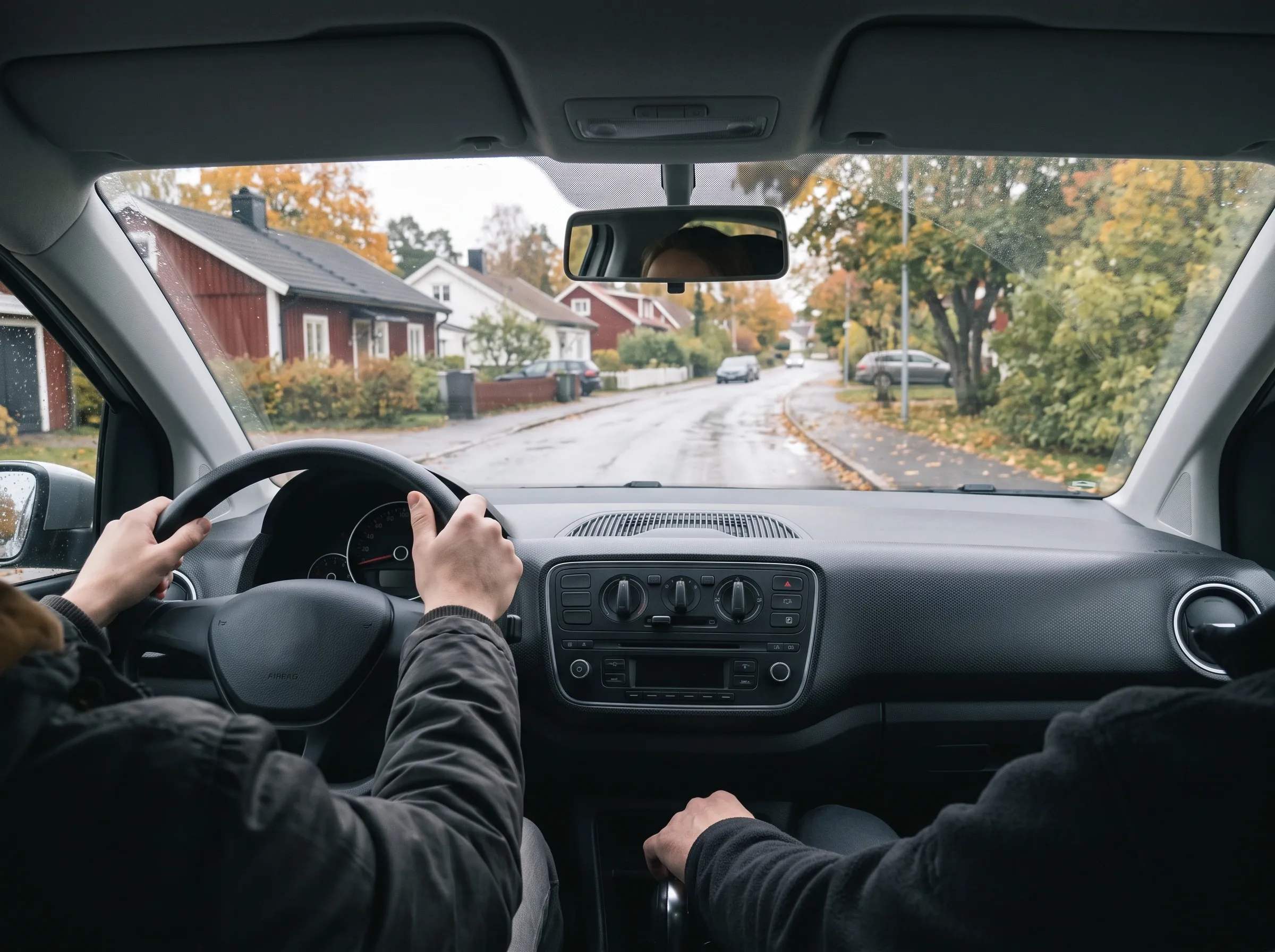 Körlektion sedd från baksätet: eleven håller i ratten och läraren har handen vid växelspaken, en lugn villagata genom vindrutan