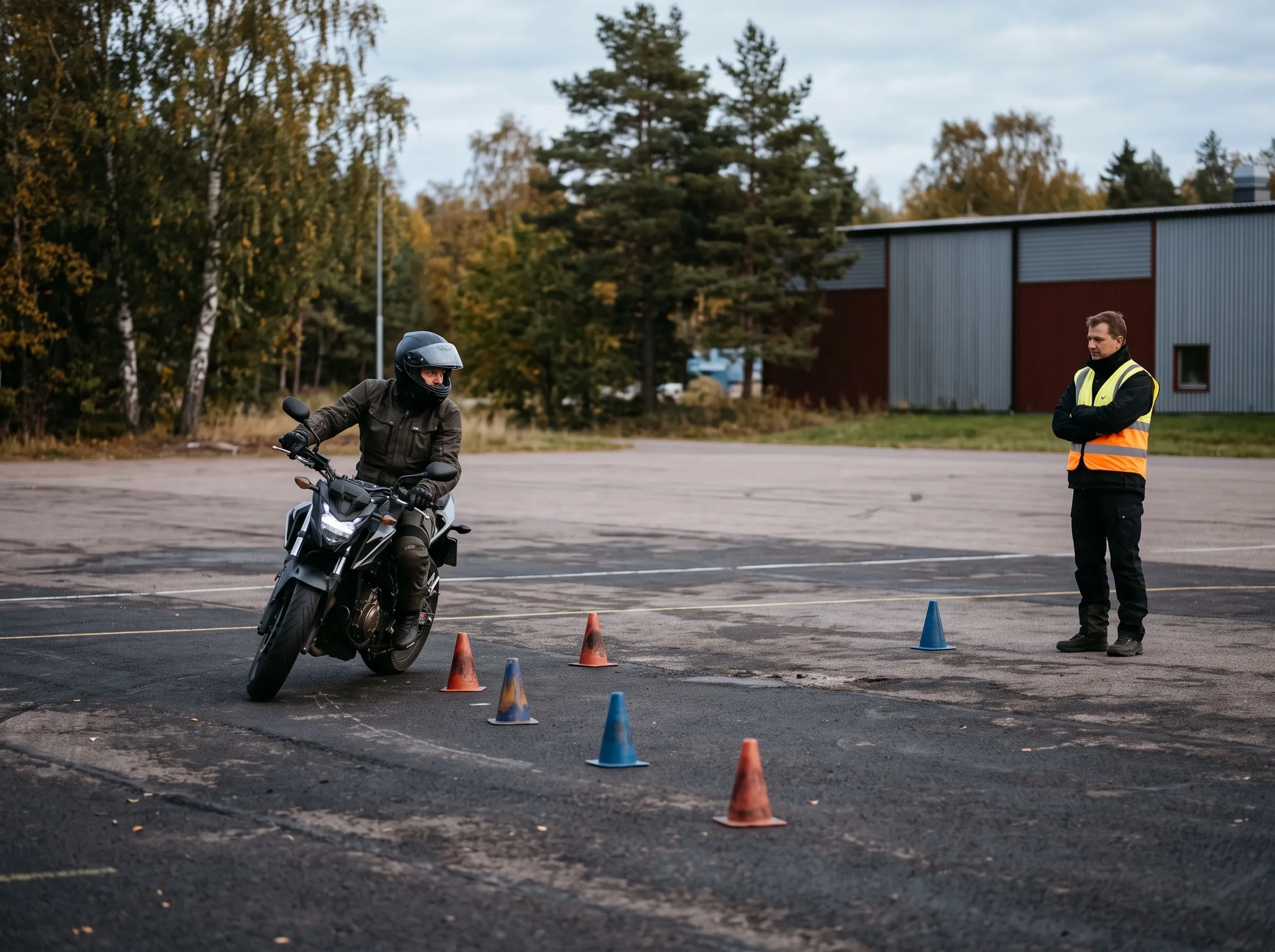 MC-elev som kör sakta mellan koner på en övningsplan medan läraren tittar på