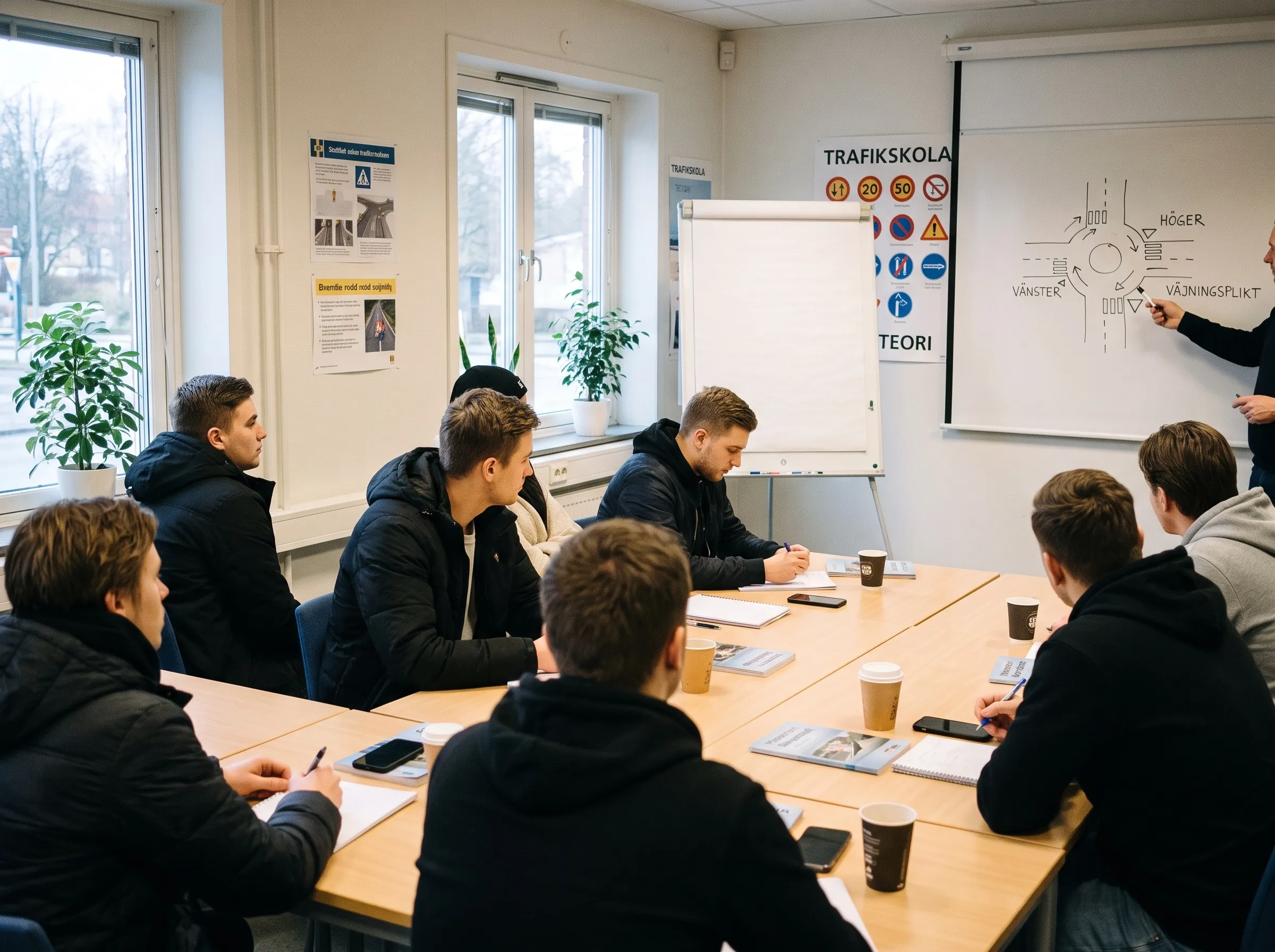 Elever i ett klassrum på en trafikskola medan läraren ritar en rondell på tavlan