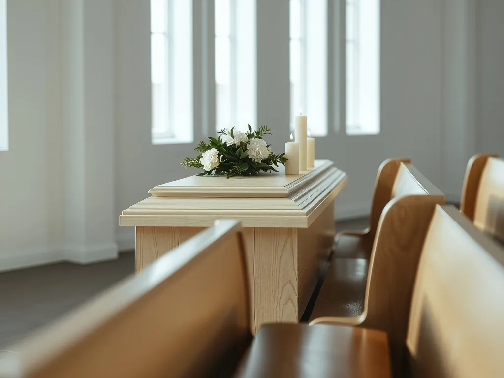 Ljus träkista med vita blommor och tända ljus i ett stilla kapell
