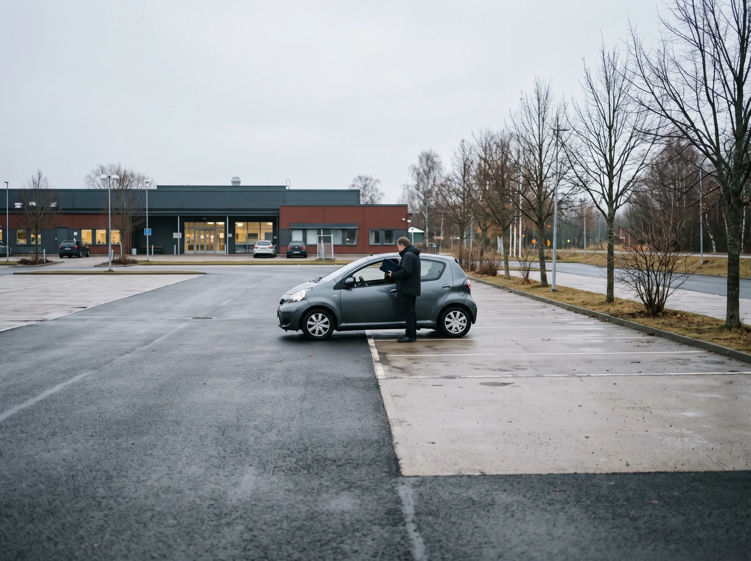 Bil som väntar på parkeringen utanför ett provkontor en grå morgon